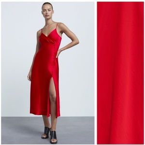 Zara Red Satin Strappy Slit Midi Dress with Button Detailing